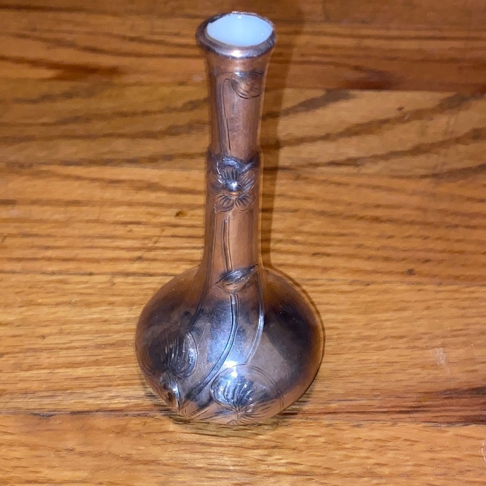 Antique Porcelain & Sterling Silver Overlay Bud Vase